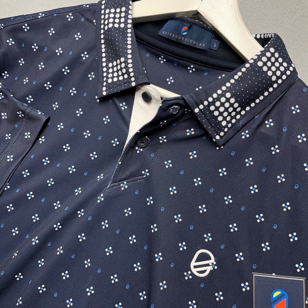 New Extracurricular Men Navy Blue Geometric Floral Performance Golf Polo Shirt L